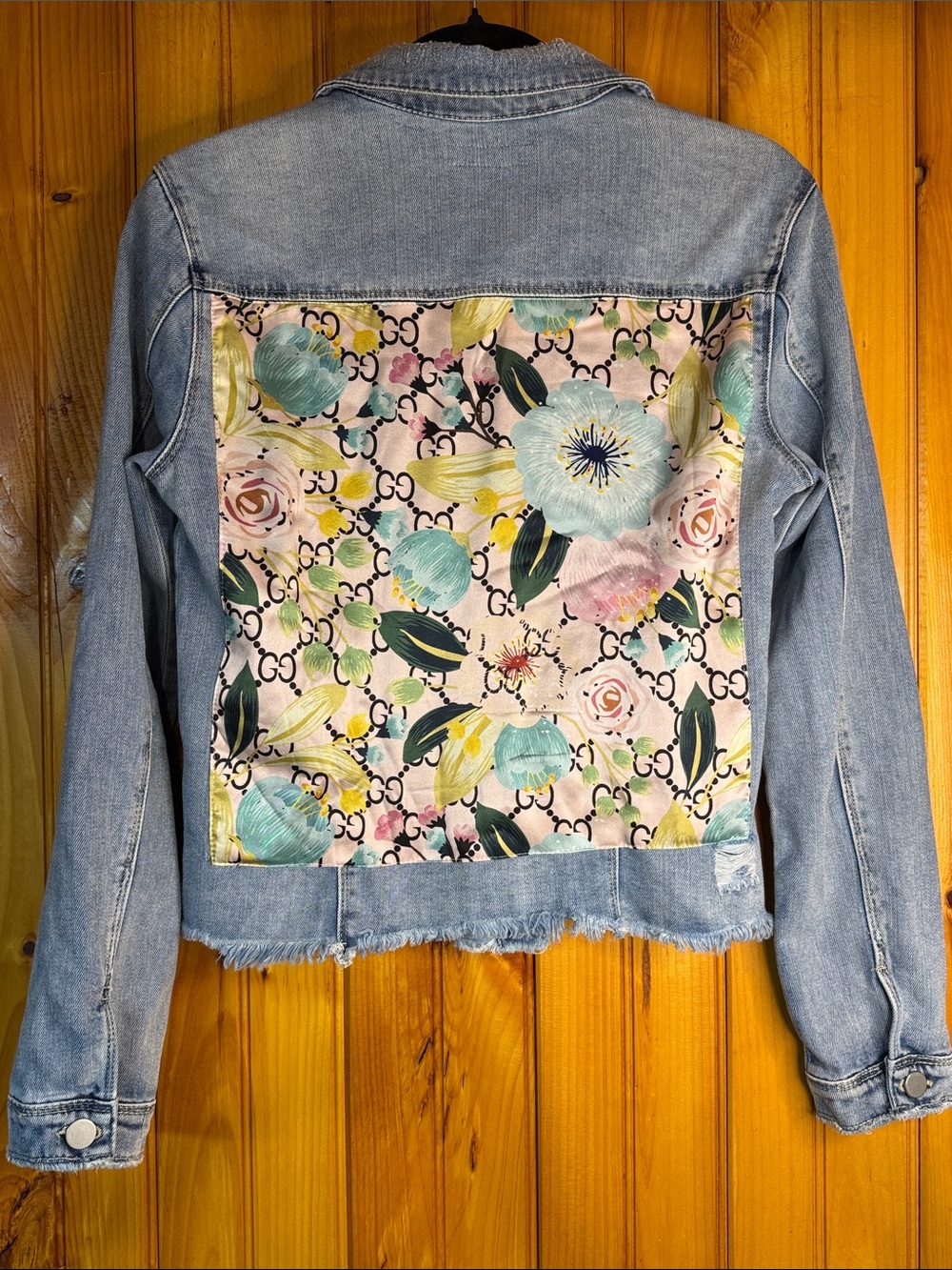 Htrailz Women’s Light Wash Distressed Denim Jacket With Silk Floral Backing